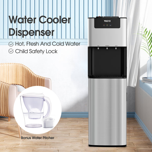 VECYS Bottom Loading 3 5 Gallon Water Dispenser, Hot Cold Room Temper Water Cooler with Child Safety Lock, 304 Stainless Steel Reservoirs and Water Intake Tube