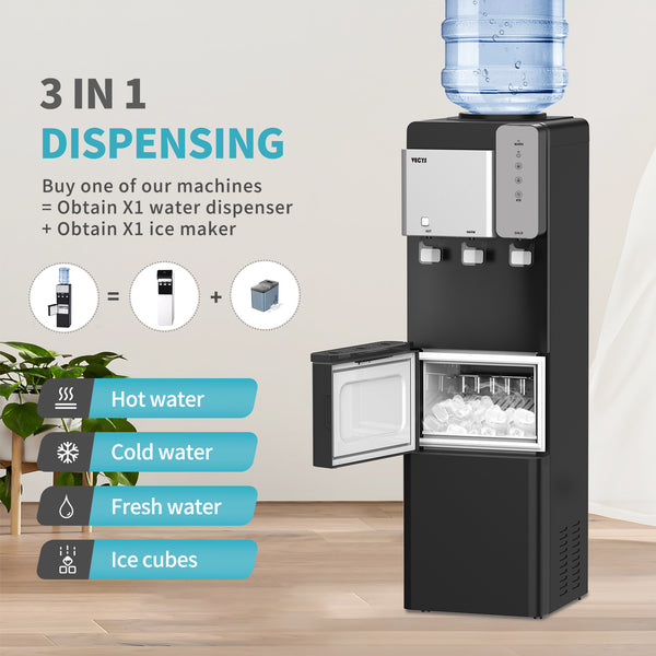 VECYS Water Dispenser Cooler with Ice Maker, 27LBS Daily Ice Making and Hot Cold Water Supply, Child Safety Lock and Compatible with 3 or 5 Gallon Bottles, Ideal for Home and Office
