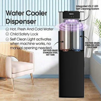 VECYS Bottom Loading Water Dispenser for 3-5 Gallon Bottle, Self Cleaning Water Cooler, 304 Stainless Steel Tank, Hot Cold Room Temp, Child Safety Lock, Front Panel, ETL Certified, Black