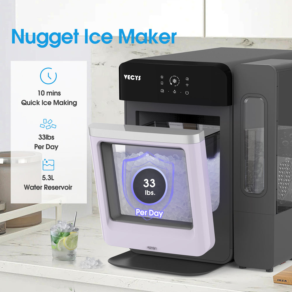 VECYS Nugget Ice Maker, 33LBS/Day Countertop Ice Machine, Self-Cleaning Portable Pellet Ice Maker with Stainless Steel Trim, 3.8L Side Water Tank, Chewable Sonic Ice for Home, Office, Bar
