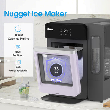 VECYS Nugget Ice Maker, 33LBS/Day Countertop Ice Machine, Self-Cleaning Portable Pellet Ice Maker with Stainless Steel Trim, 3.8L Side Water Tank, Chewable Sonic Ice for Home, Office, Bar