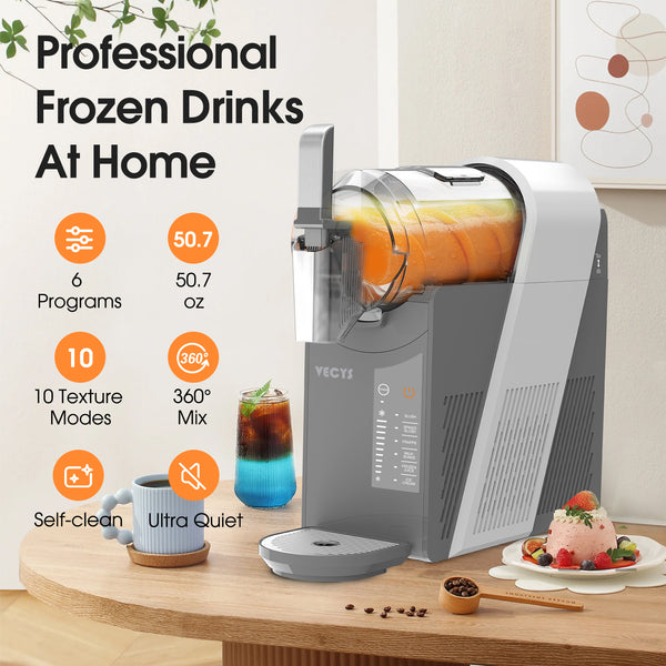 VECYS 6-in-1 Slushie Machine & Frozen Drink Maker for Home, with Medical-Grade High-Impact Jar (BPA-Free), 10 Level Texture Control, 60-Min Fast Freeze, 50.7 fl oz, Grey