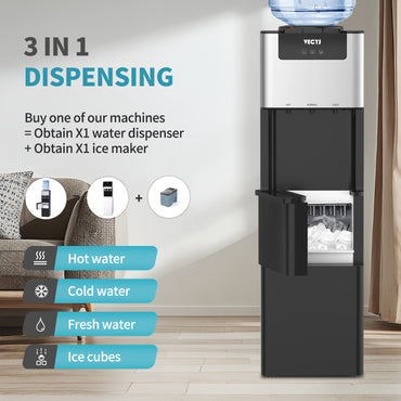 VECYS 3 in 1 Water Dispenser with Ice Maker, 27LBS Daily Ice Making and Hot Cold Water Supply, Child Safety Lock and Compatible with 3 or 5 Gallon Bottles