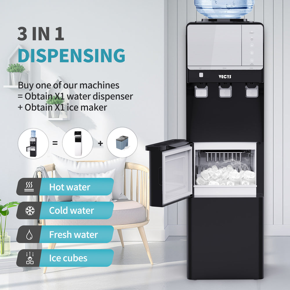 VECYS Hot and Cold Water Dispenser with Ice Maker, 27LBS Daily Ice Making, Child Safety Lock and Compatible with 3 or 5 Gallon Bottles, Ideal for Home and Office, Black