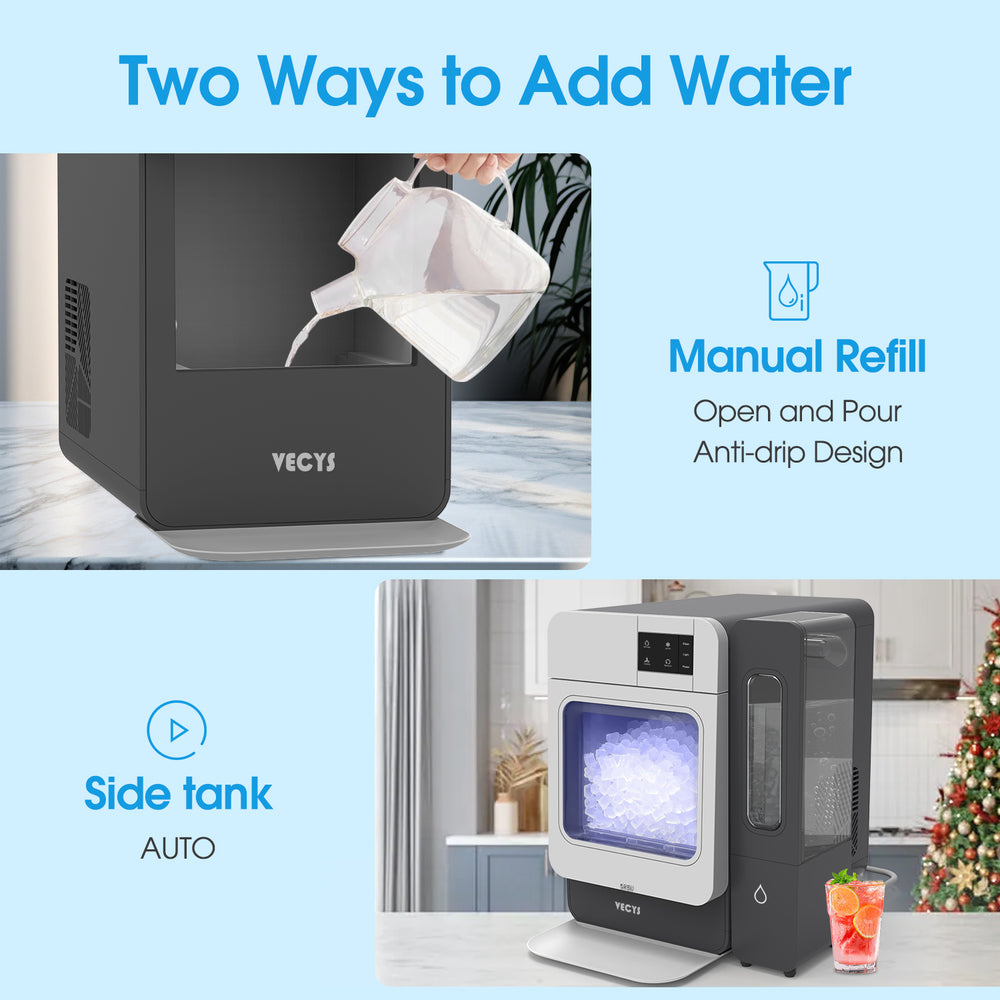 VECYS Nugget Countertop Ice Maker W/Side Tank, 33LBS Daily Ice Making Capacity, Portable Design Nugget Ice Maker Machine with Self-Clean Function