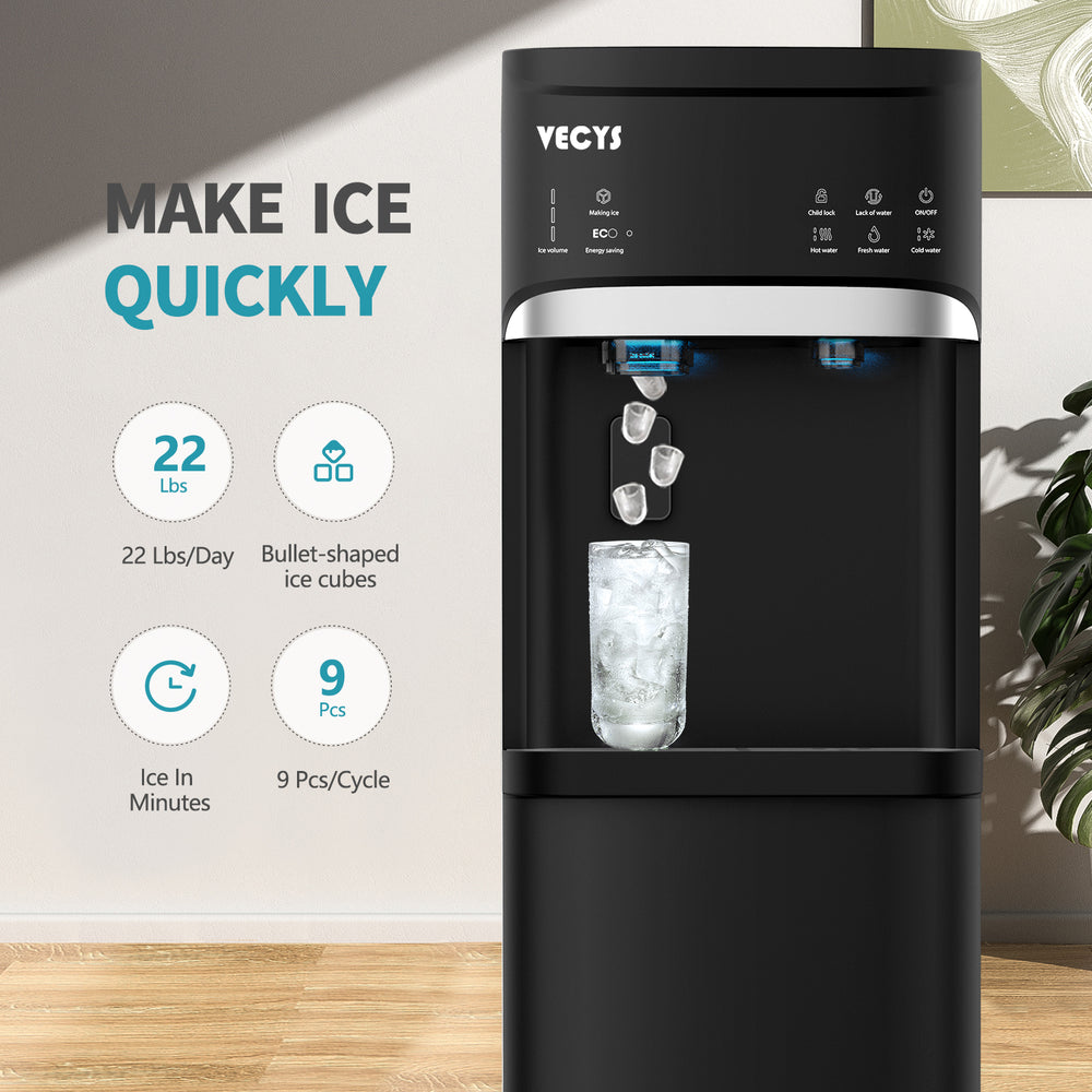 VECYS Bottom Loading Ice Maker Self-Clean Hot Cold Water Dispenser for 5 Gallon Bottle, 22LBS Daily Ice Making, Child Safety Lock, Ideal for Home and Office