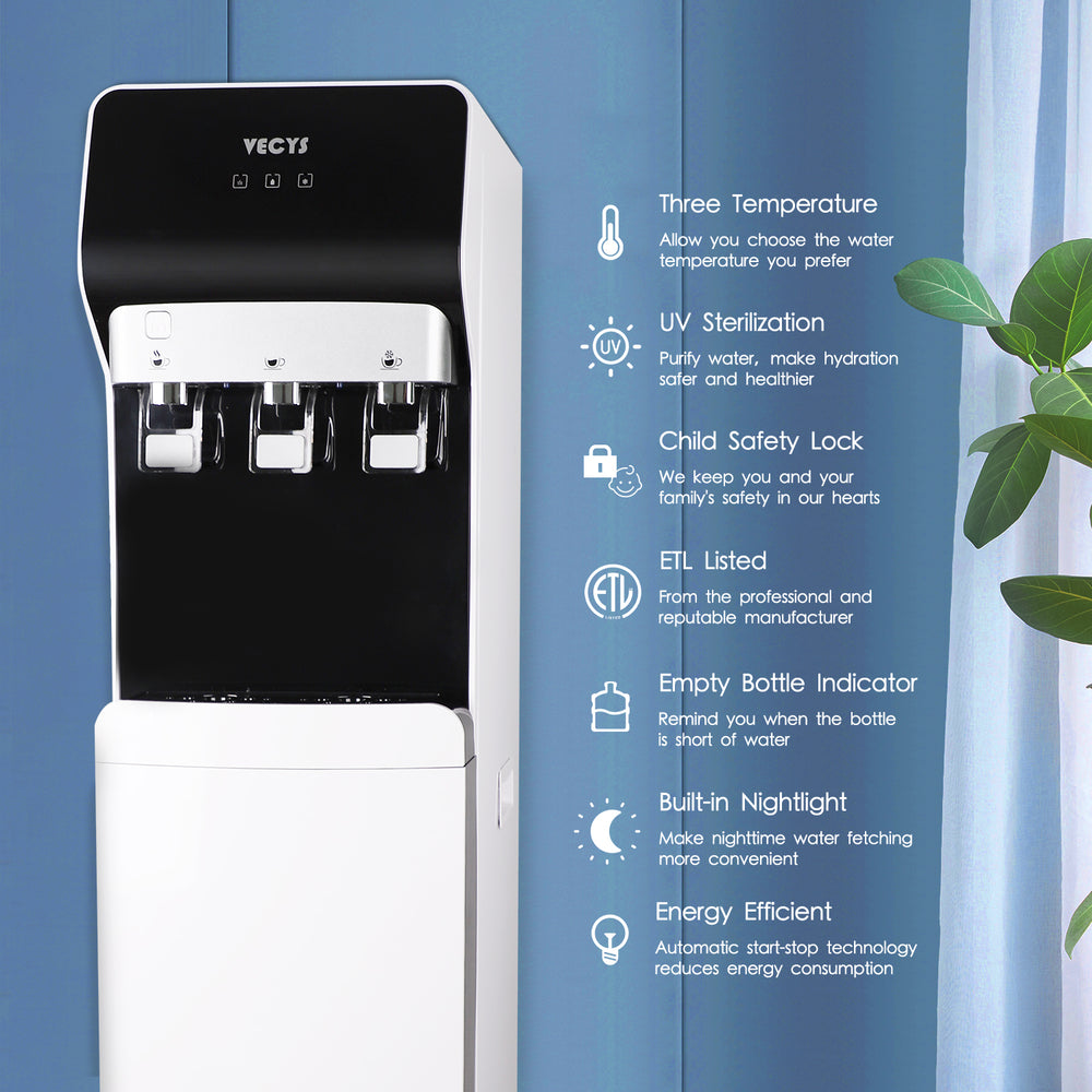 VECYS Bottom Loading Self Cleaning Water Dispenser 5 Gallon 3 Temperature, Child Safety Lock & Nightlight, 304 Stainless Steel Reservoirs and Water Intake Tube