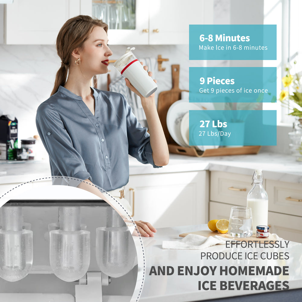 VECYS Water Dispenser Cooler with Ice Maker, 27LBS Daily Ice Making and Hot Cold Water Supply, Child Safety Lock and Compatible with 3 or 5 Gallon Bottles, Ideal for Home and Office