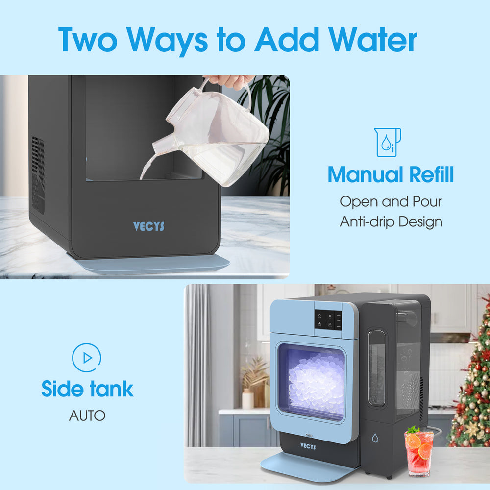 VECYS Nugget Countertop Ice Maker W/Side Tank, 44LBS Daily Ice Making Capacity, Portable Design Nugget Ice Maker Machine with Self-Clean Function