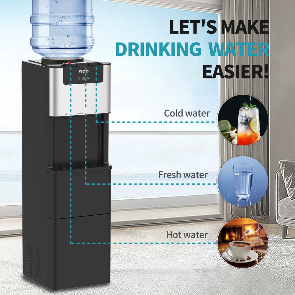 VECYS 3 in 1 Water Dispenser with Ice Maker, 27LBS Daily Ice Making and Hot Cold Water Supply, Child Safety Lock and Compatible with 3 or 5 Gallon Bottles
