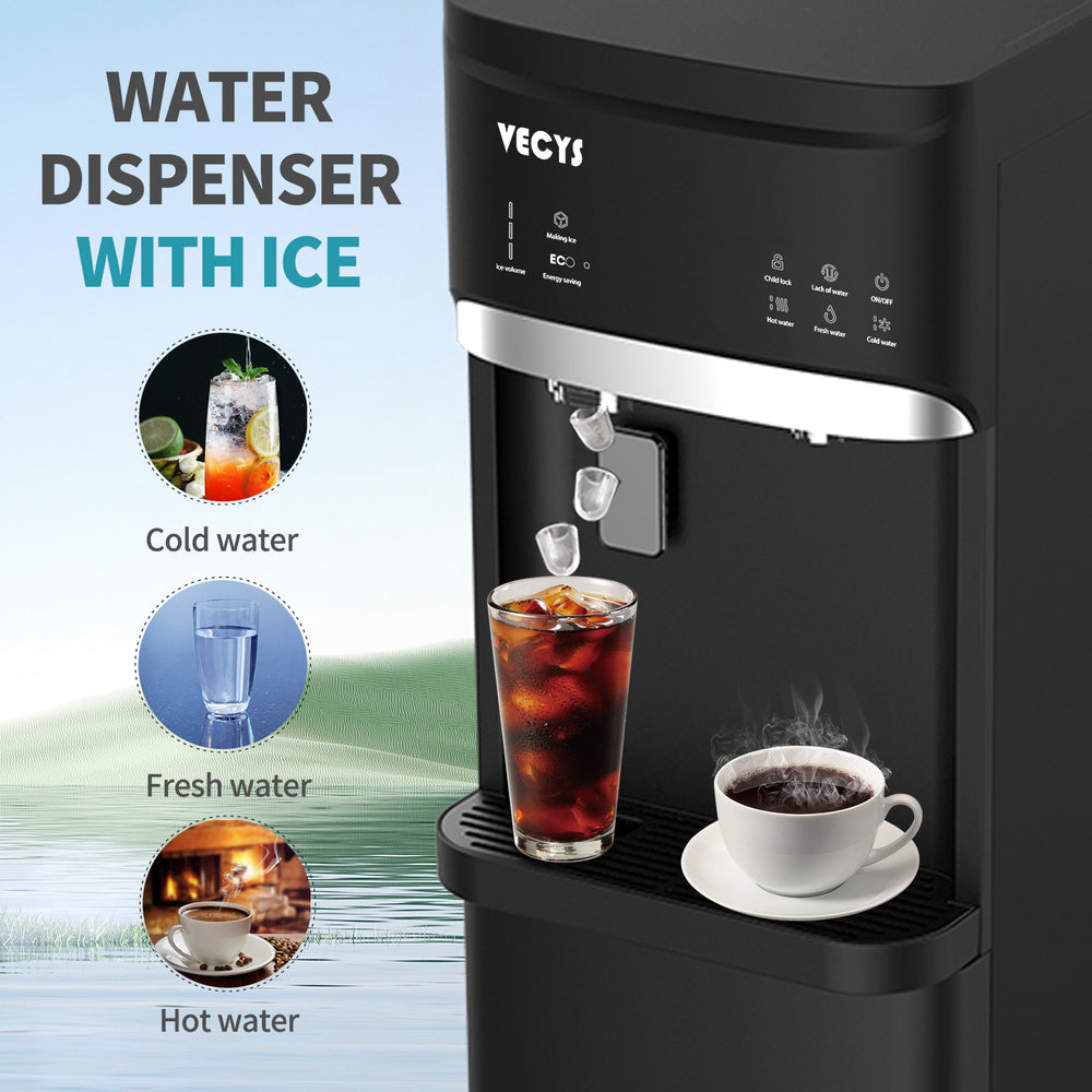 VECYS Bottom Loading Ice Maker Self-Clean Hot Cold Water Dispenser for 5 Gallon Bottle, 22LBS Daily Ice Making, Child Safety Lock, Ideal for Home and Office