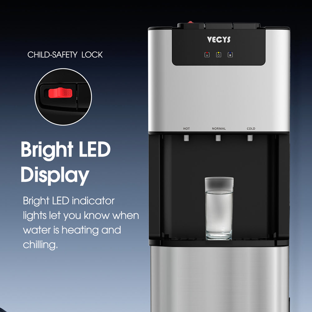 VECYS Bottom Loading 3 5 Gallon Water Dispenser, Hot Cold Room Temper Water Cooler with Child Safety Lock, 304 Stainless Steel Reservoirs and Water Intake Tube