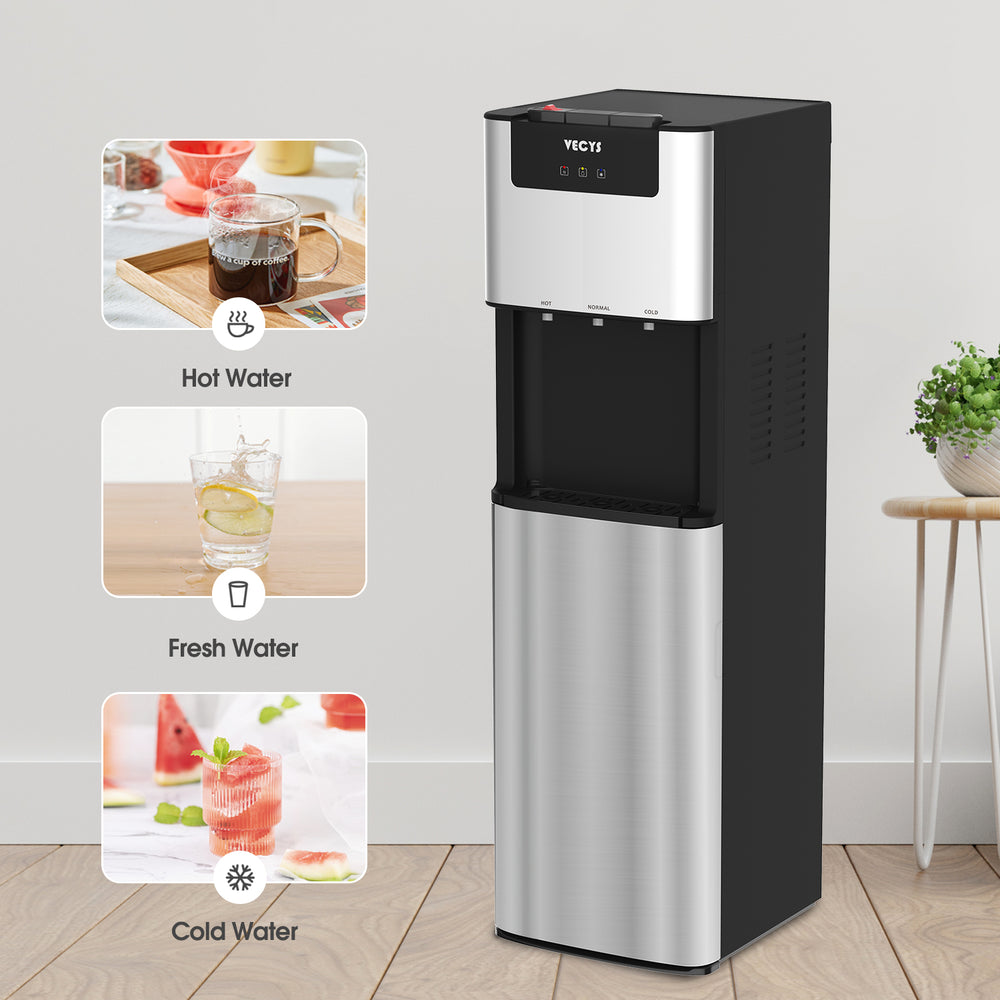 VECYS Bottom Loading 3 5 Gallon Water Dispenser, Hot Cold Room Temper Water Cooler with Child Safety Lock, 304 Stainless Steel Reservoirs and Water Intake Tube