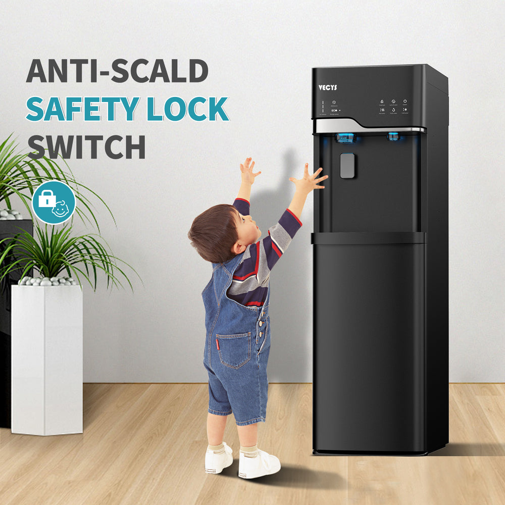 VECYS Bottom Loading Ice Maker Self-Clean Hot Cold Water Dispenser for 5 Gallon Bottle, 22LBS Daily Ice Making, Child Safety Lock