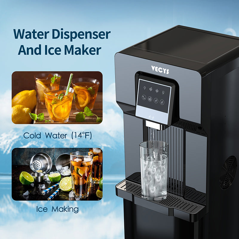 VECYS Water Dispenser with Ice Maker, 26LBS Daily Ice Making and Cold Water Supply, Bottom Loading Cooler Compatible with 3 or 5 Gallon Bottles, Ideal for Home and Office (No Hot Water)