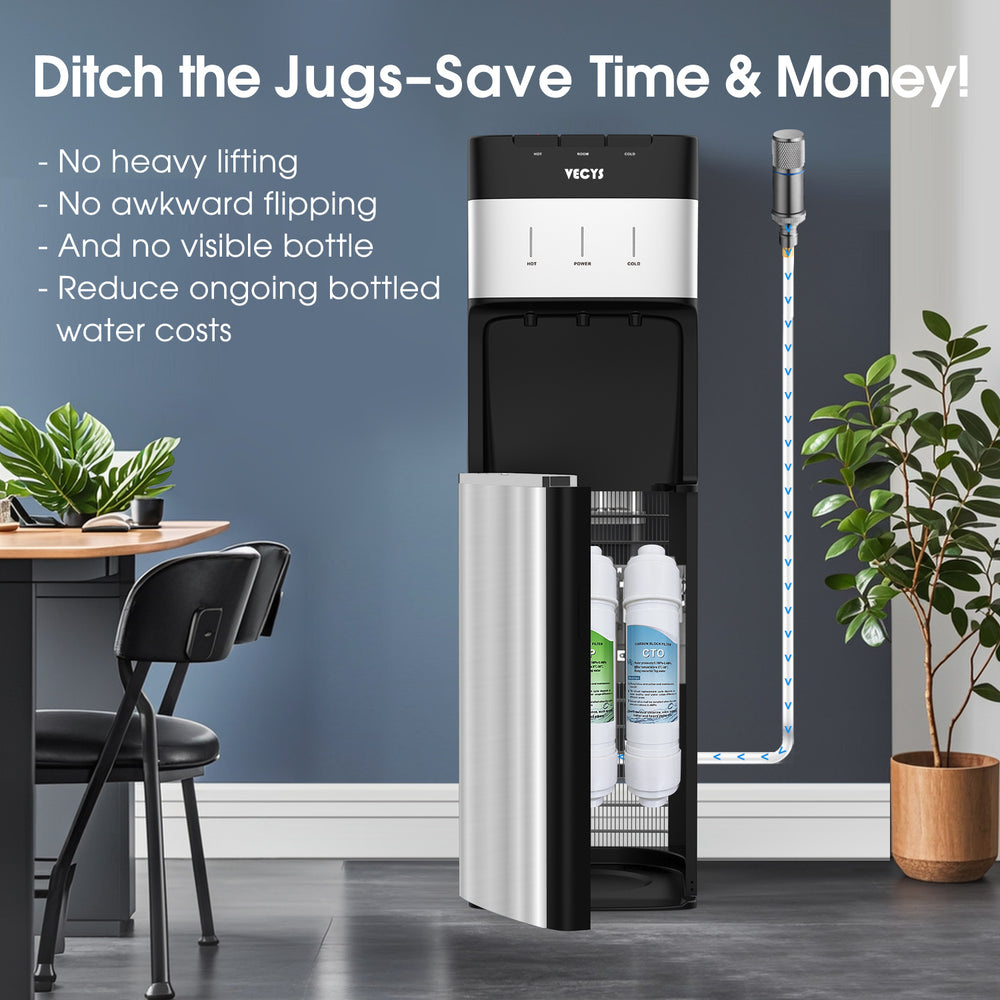 VECYS Bottleless Water Cooler with 4-Stage Filtration, Hot, Cold & Room Water Options, Self-Cleaning System for Home & Office