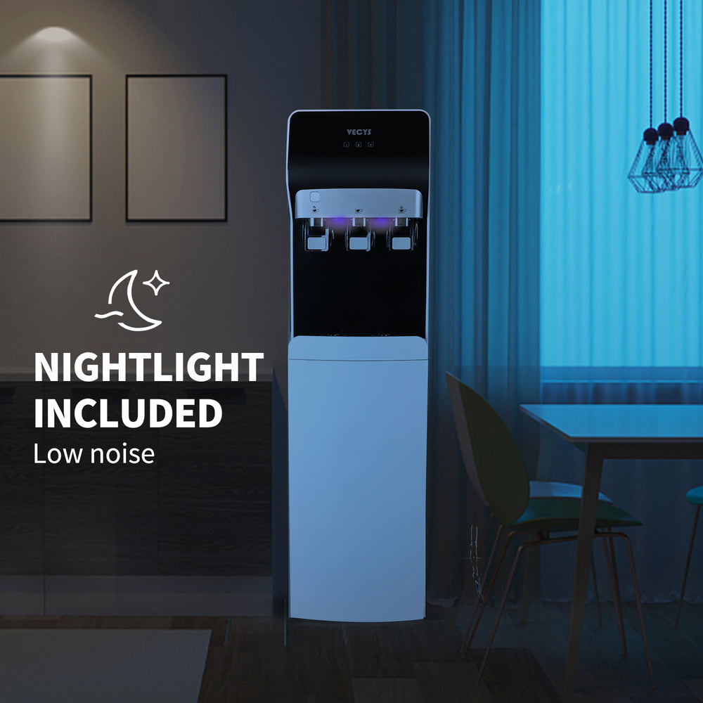 VECYS Bottom Loading Self Cleaning Water Dispenser 5 Gallon 3 Temperature, Child Safety Lock & Nightlight, 304 Stainless Steel Reservoirs and Water Intake Tube