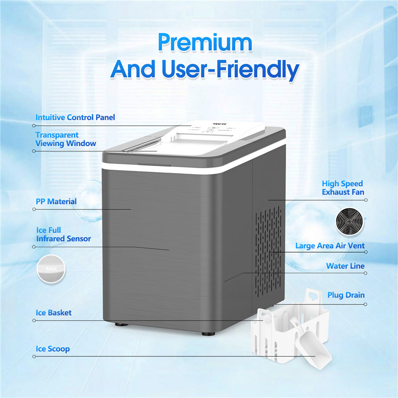 VECYS Countertop Ice Maker Machine IC1209, 9 Bullet Ice Cubes Ready in 8 Mins 26LBS in 24 Hours, Self-Clean 1.8L Portable Ice Maker with Ice Scoop and Basket, Great for Bar, Party, Dark Grey and White