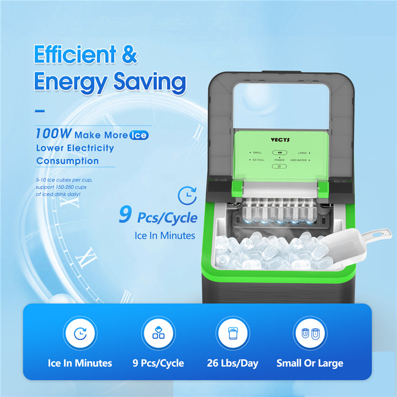 VECYS Countertop Ice Maker Machine IC1209, 9 Bullet Ice Cubes Ready in 8 Mins 26LBS in 24 Hours, Self-Clean 1.8L Portable Ice Maker with Ice Scoop and Basket, Great for Bar, Party, Black and Green
