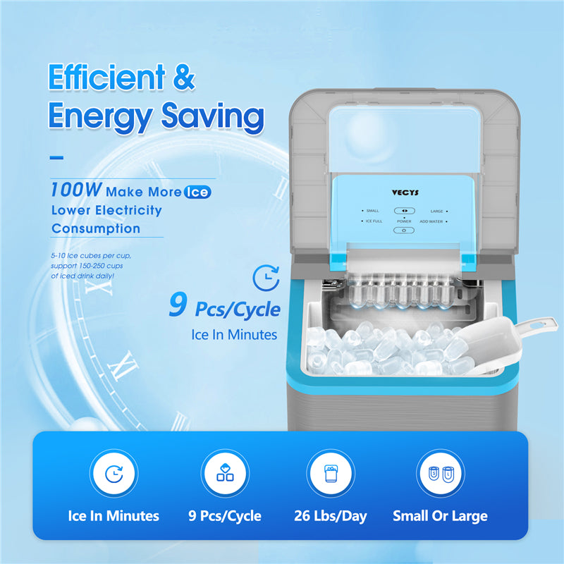 VECYS Countertop Ice Maker Machine IC1209, 9 Bullet Ice Cubes Ready in 8 Mins 26LBS in 24 Hours, Self-Clean 1.8L Portable Ice Maker with Ice Scoop and Basket, Great for Home, Office, Grey and Blue