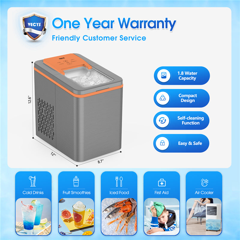 VECYS Countertop Ice Maker Machine IC1209, 9 Bullet Ice Cubes Ready in 8 Mins 26LBS in 24 Hours, Self-Clean 1.8L Portable Ice Maker with Ice Scoop and Basket, Great for Home, Office, Grey and Orange